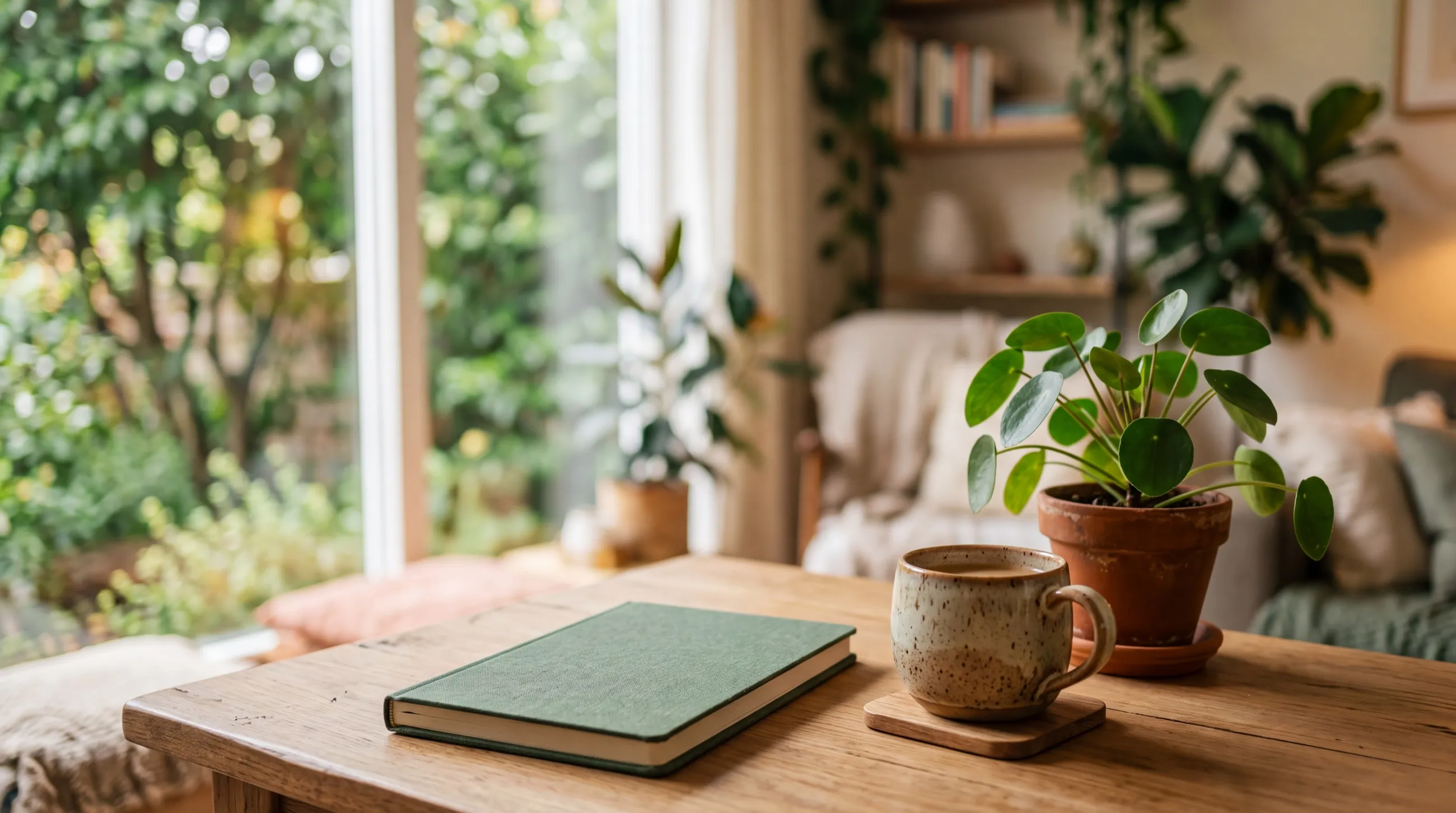 Holztisch mit Buch, Tasse und Zimmerpflanze vor einem Fenster mit Blick ins Grüne